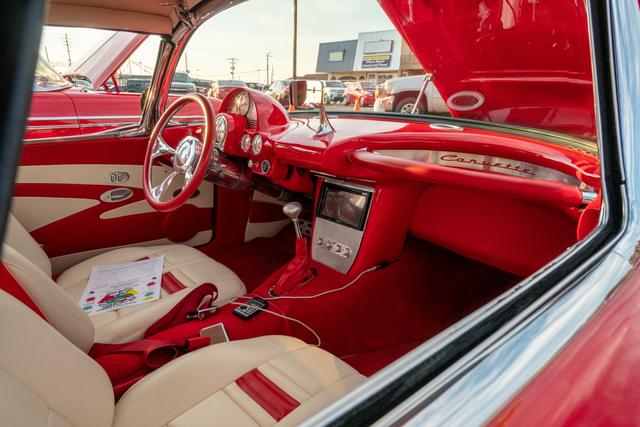 Red and white interior of a classic C1 Corvette