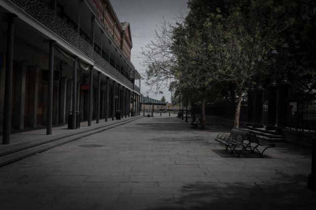 Deserted French Quarter street with gas lamps under an overcast sky