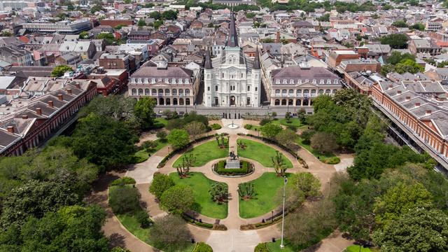 Aerial view of Jackson Square gardens and St. Louis Cathedral in the French Quarter